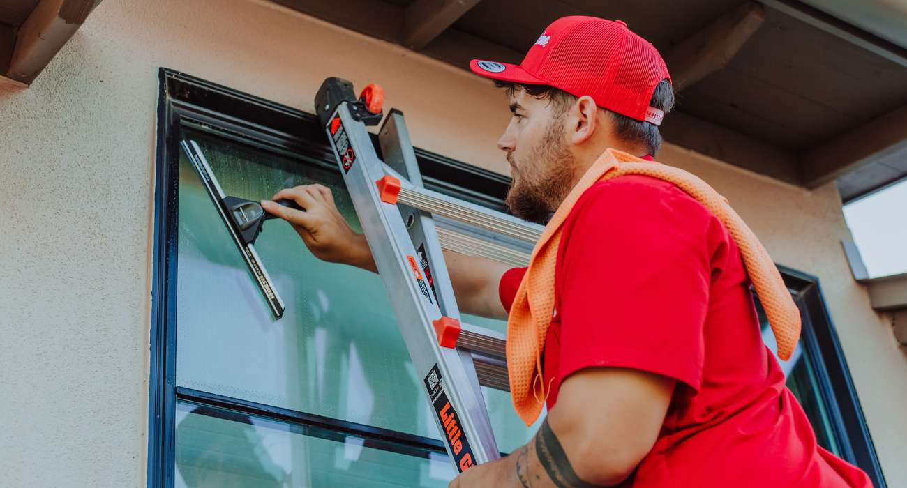 A bearded man in a red shirt and cap cleans an outdoor window with a squee