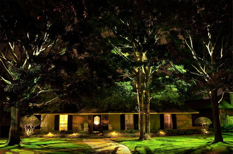 A house at night with dramatic landscape lighting illuminating trees, lawn, and the front entrance.