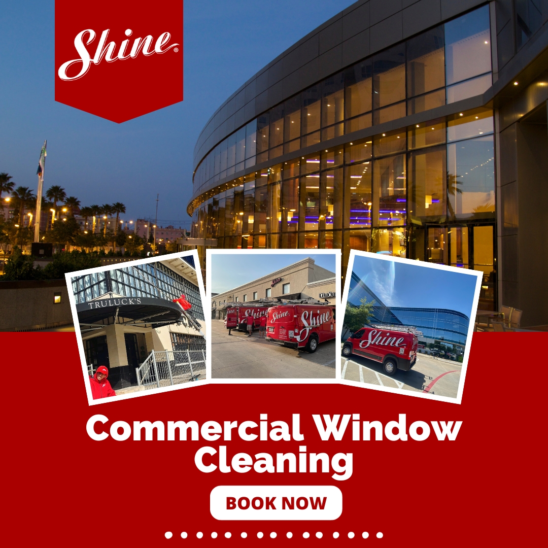 Shine Commercial Window Cleaning advertisement featuring their red vans, employees, and sparkling windows on various businesses