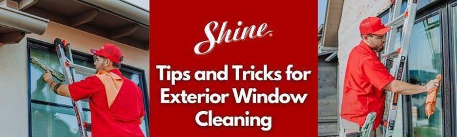 A professional window cleaner on a ladder demonstrates exterior window cleaning tips and tricks. TITLE