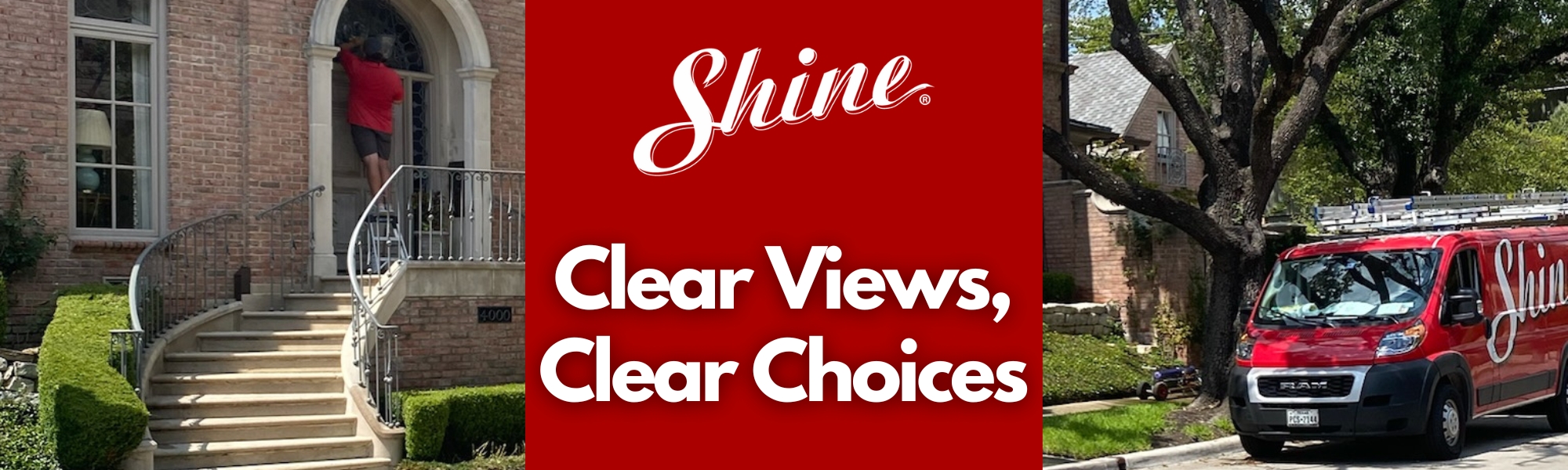 A Shine technician cleans a house window, with the company logo and branded service van displayed.