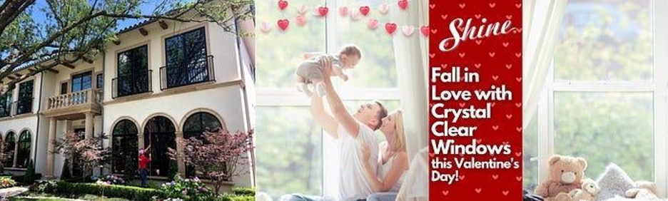 A banner shows a large house, a family with a baby, and clear windows with a Valentine