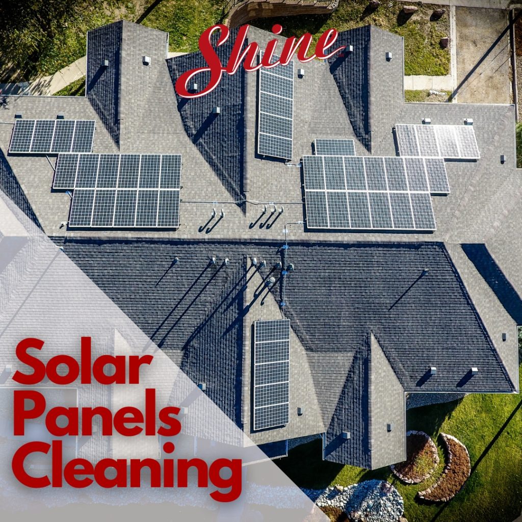 Aerial view of a residential roof featuring multiple solar panel installations and "Solar Panels Cleaning