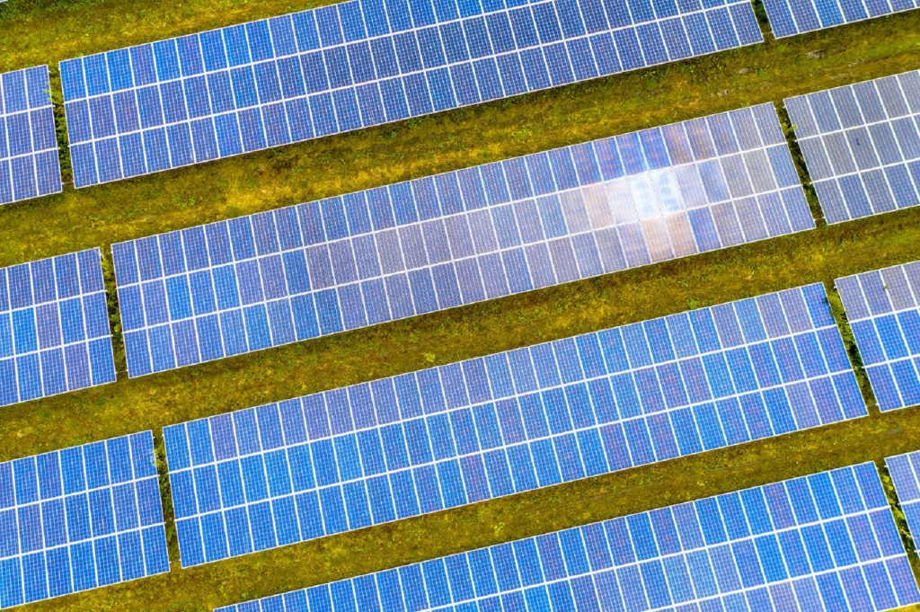 Rows of blue solar panels stretch across a green field, with sunlight reflecting off one panel.