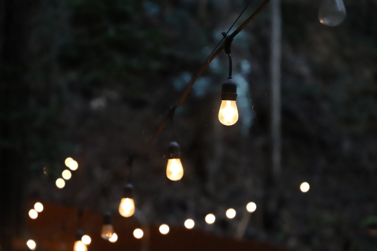 A single glowing string light hangs prominently against a dark, blurry evening background with other