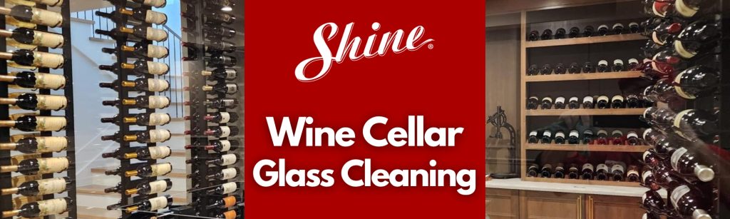 A wine cellar displaying many wine bottles, with a red banner advertising "Shine