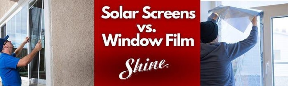 A triptych comparing solar screen installation on the left with window film application on the right