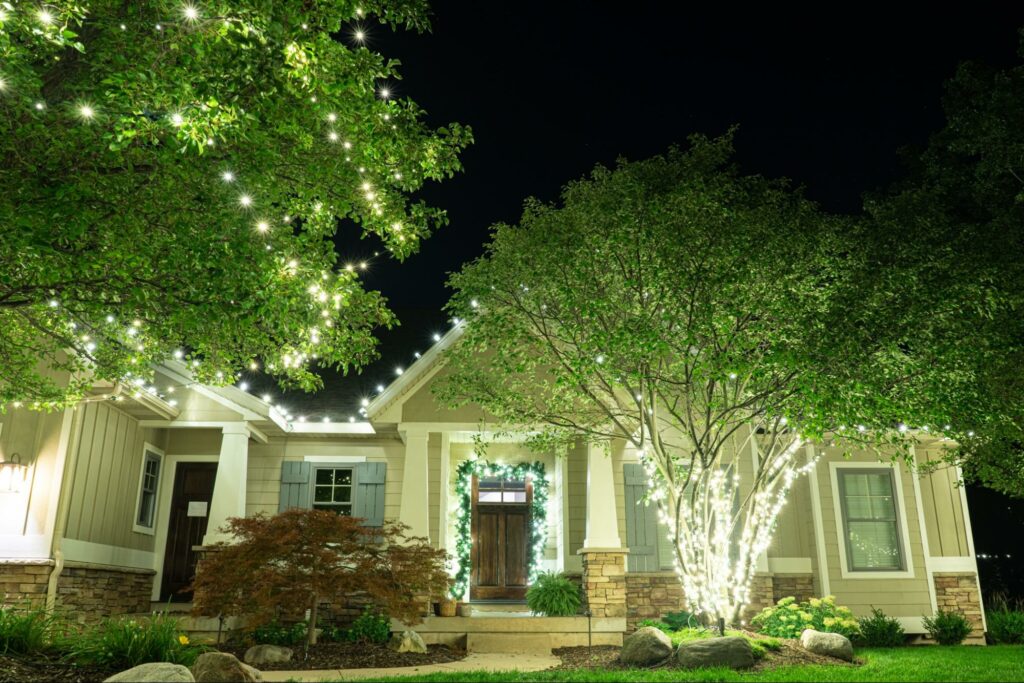 house with christmas lights and trees