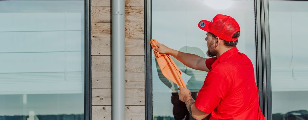 A professional window cleaner in a red uniform meticulously wipes a large glass window. TITLE: