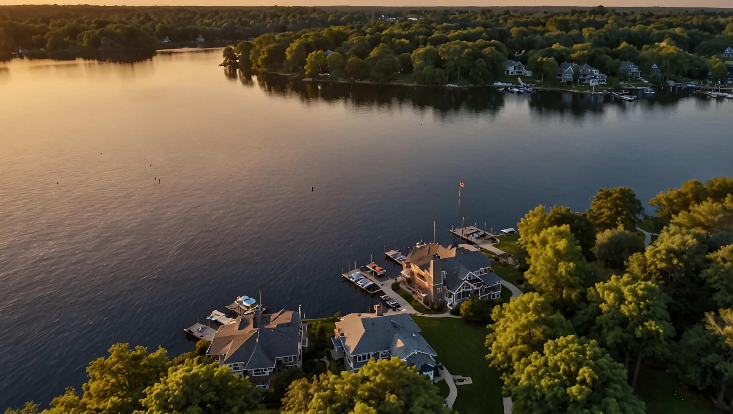 Lakeside homes with private docks nestled among trees at golden hour.
