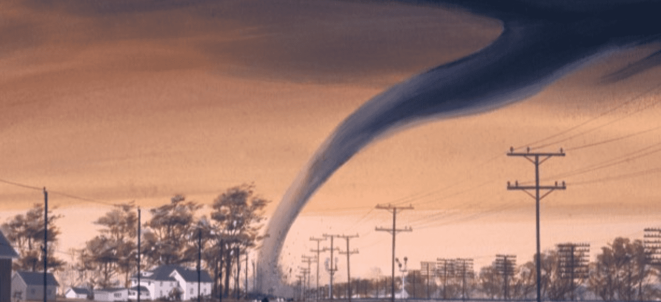 A powerful dark tornado touches down near houses and power lines under an ominous orange sky.