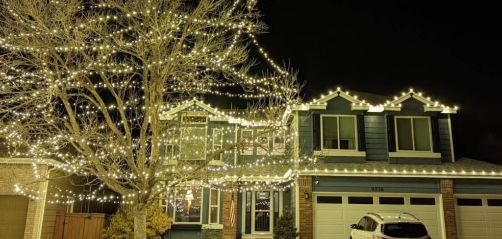 A dark blue house and a large bare tree are brightly illuminated with warm white string lights at