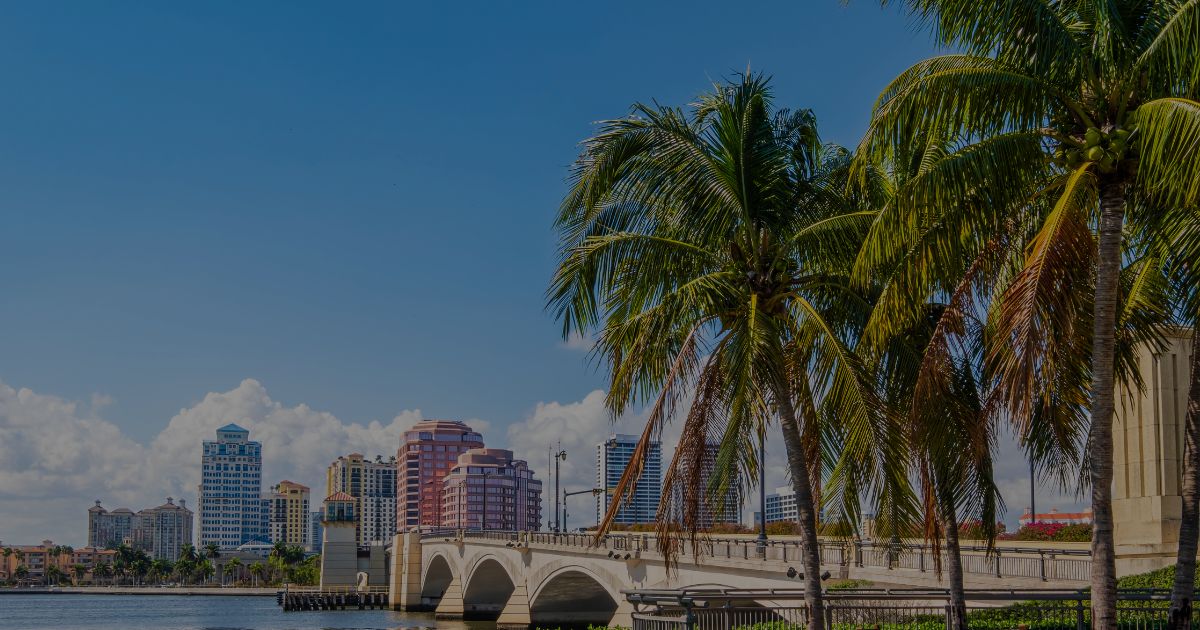 Tropical palm trees overlook a city bridge and waterfront skyline on a clear day.