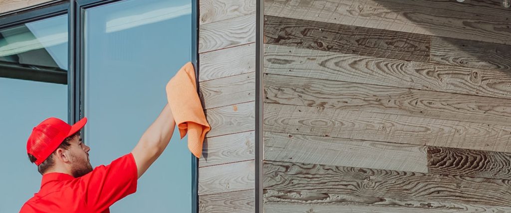 A person in a red uniform cleans a window with an orange cloth on a building with wooden