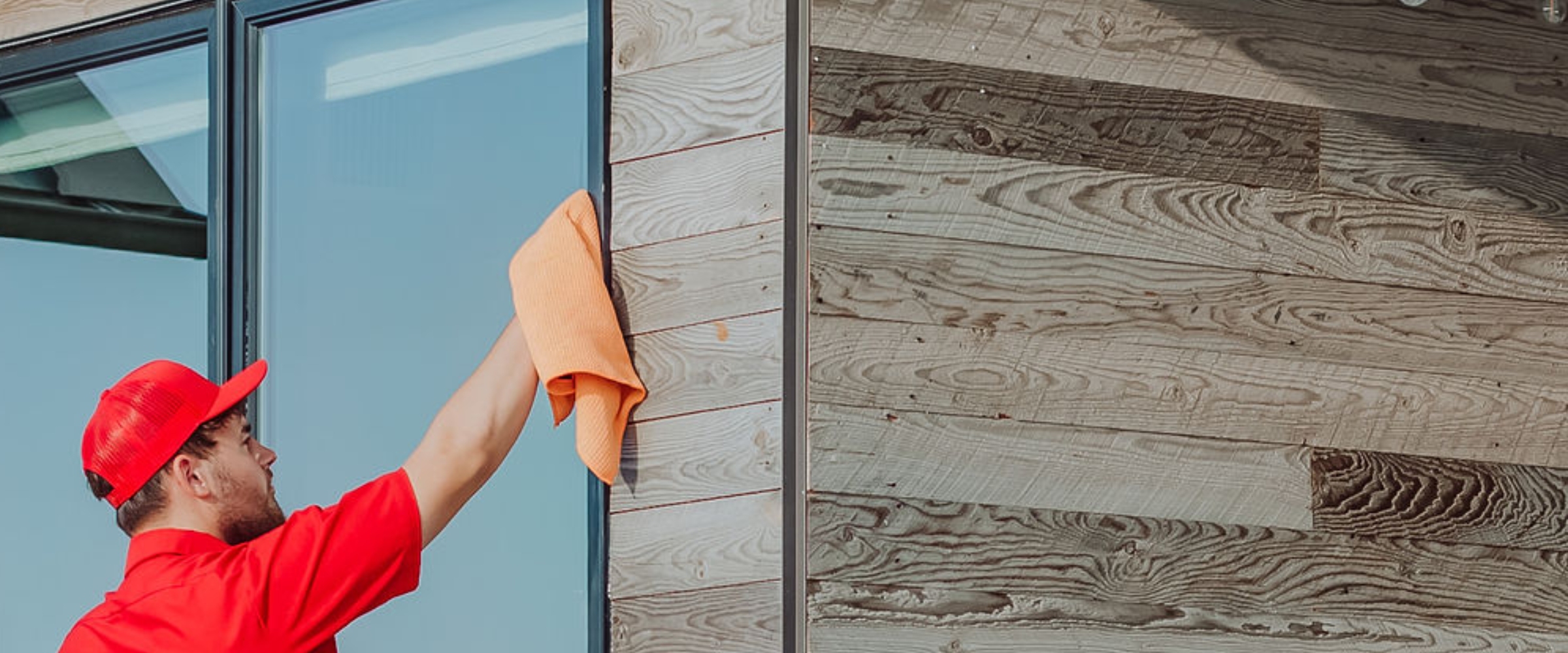 A person in a red uniform cleans a window with an orange cloth on a building with wooden