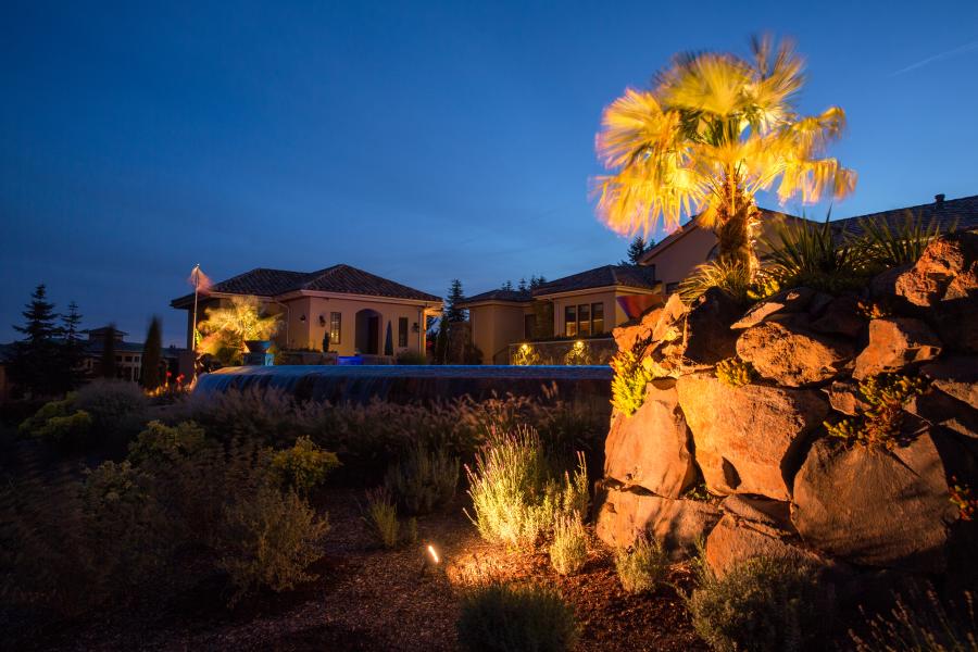 Luxurious estate at dusk with elegant landscape lighting illuminating a palm tree, rockery,