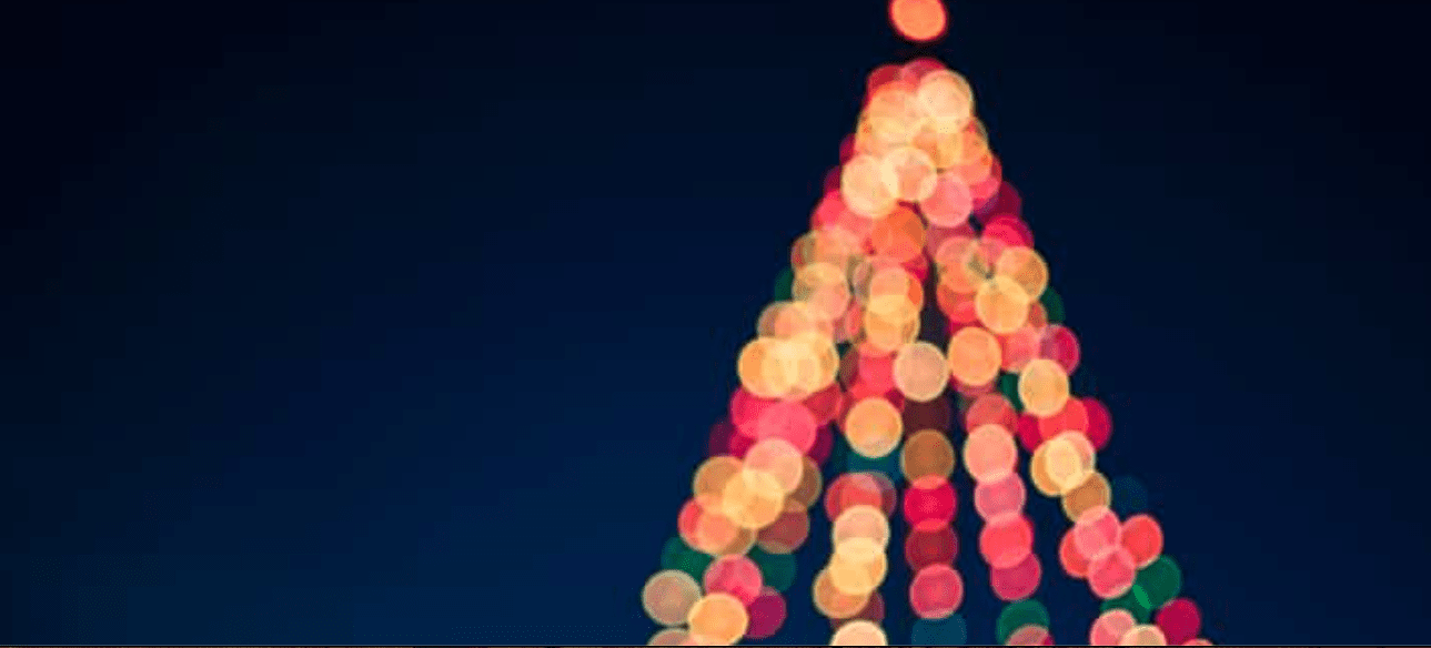 Festive red, orange, and green bokeh lights form a blurred Christmas tree against a dark