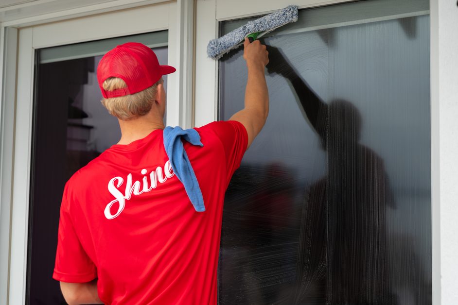 Shine technician cleaning a residential window with a squeegee