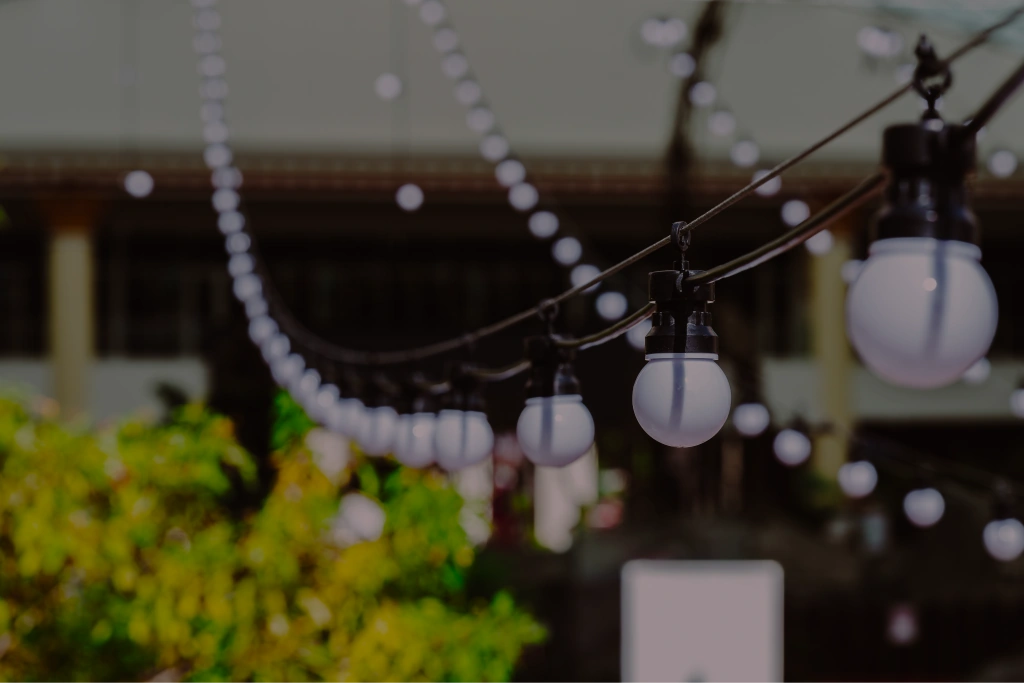 Globe bistro string lights hanging outdoors at night
