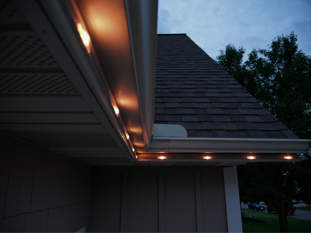 Warm LED lights installed under a residential gutter