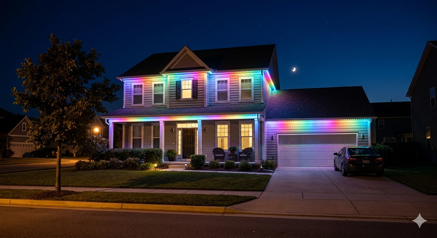 Two-story home with rainbow LED roofline lighting