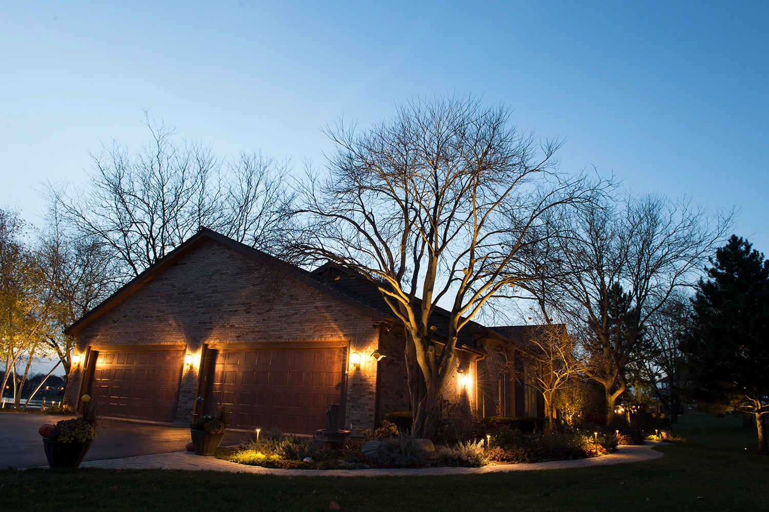 Home and trees lit with warm landscape lights