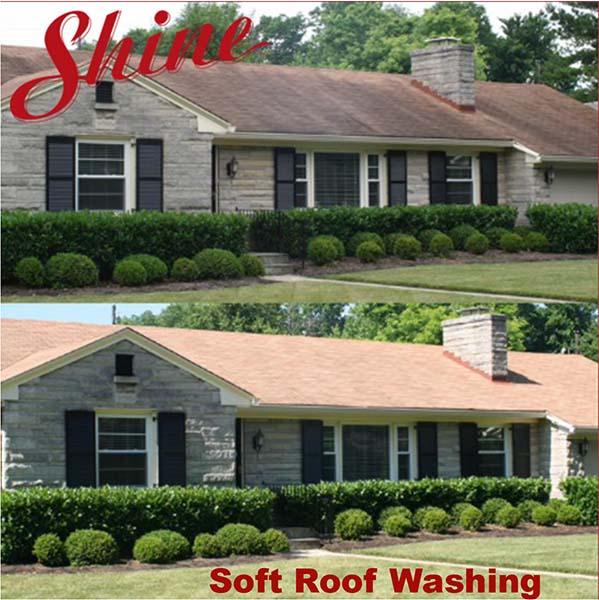 side by side comparison of a home before and after soft roof washing and roof cleaning in Suffolk County Long island.