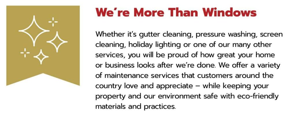 An explanation of the services Shine has to offer such as pressure washing, window cleaning, screen cleaning, gutter cleaning, holiday lighting, landscape lighting and more