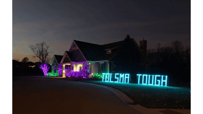 Holiday light display in front of a home.