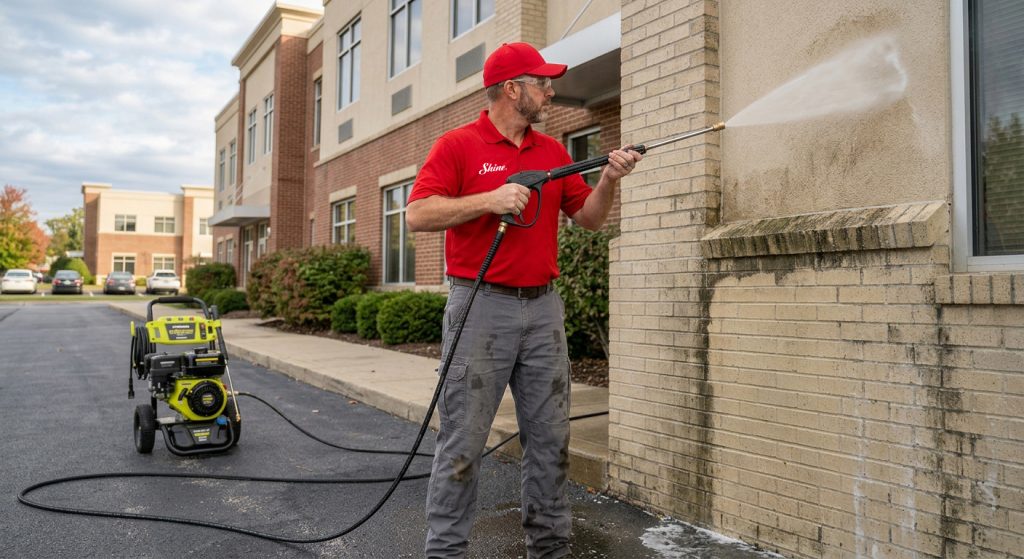 A man in a red shirt uses a pressure washer to clean a dirty brick building wall.