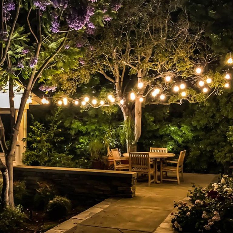Garden patio seating area illuminated with warm bistro string lights among trees and landscaping.