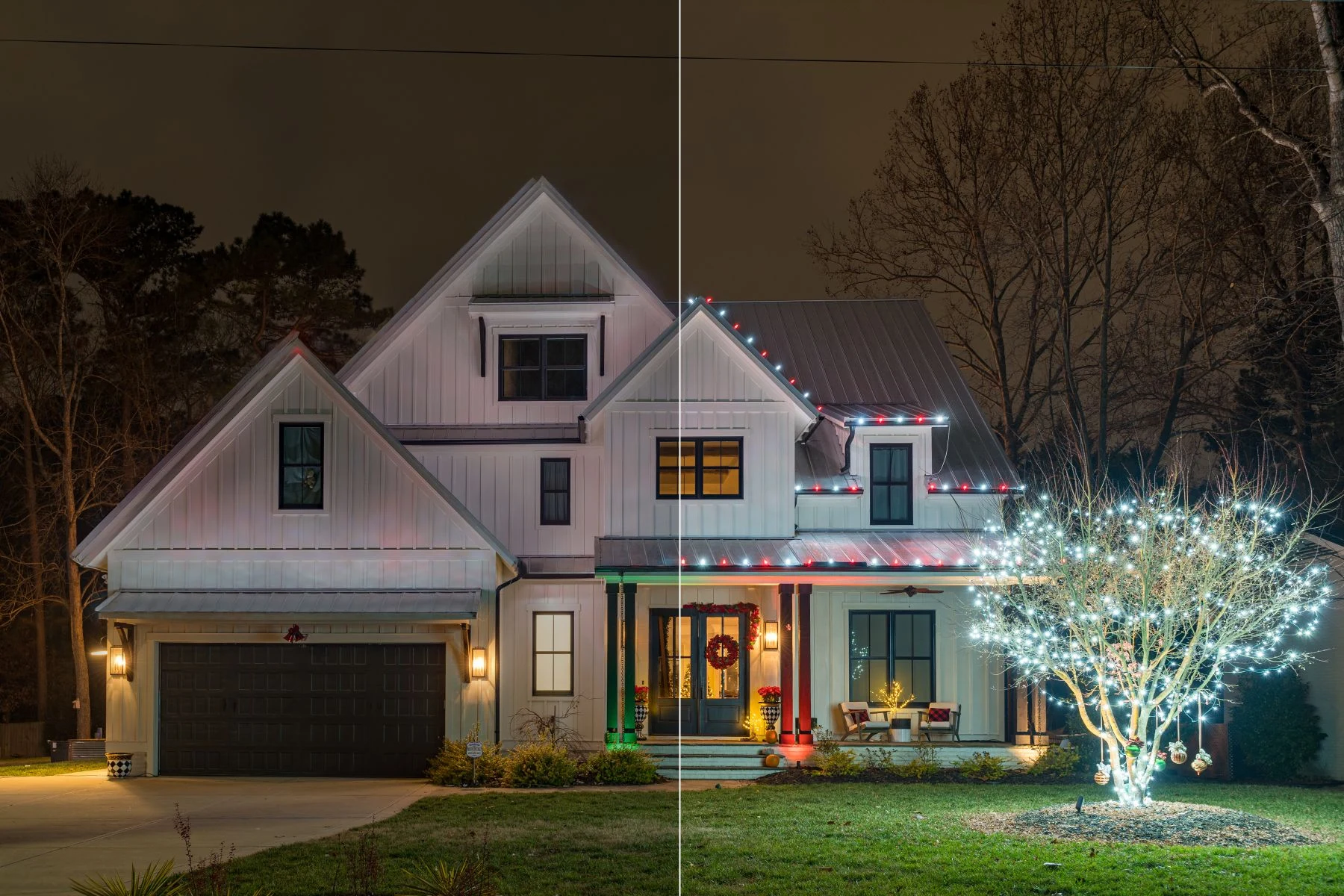 Side-by-side before and after holiday roofline lighting on a two-story home
