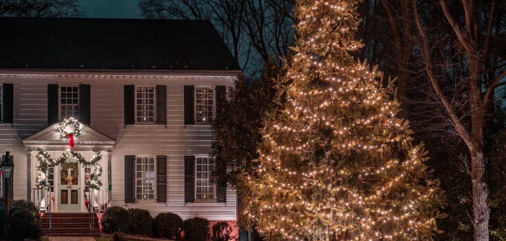 Festive Christmas lights illuminate a white house and a large outdoor tree at dusk. TITLE: