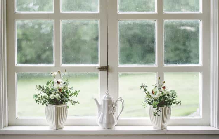 A white-framed window overlooks a blurry green landscape, adorned with two floral vases and a white
