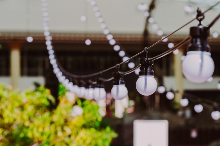 white bulbs on string lights over garden public area.